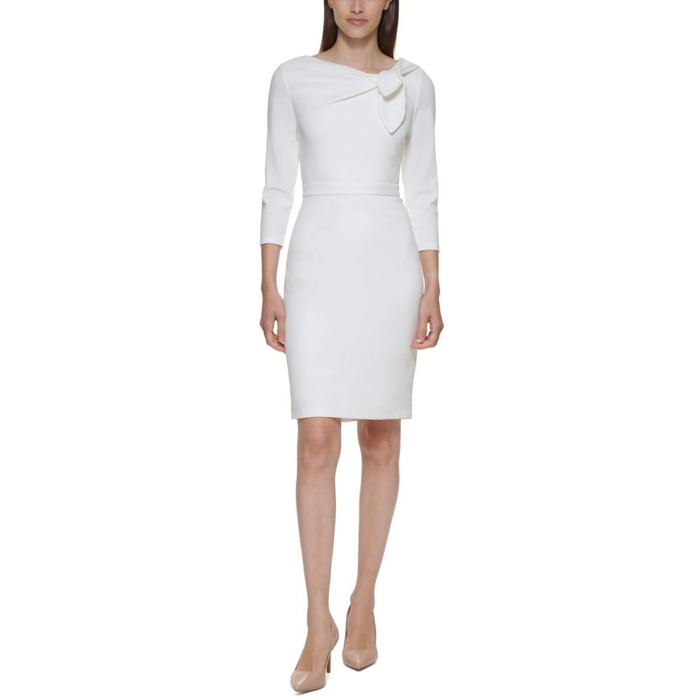 Calvin Klein Asymmetrical Bow Tie Neck Scuba Crepe Sheath Dress White Size 12